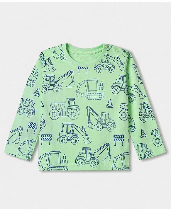 Babyhug 100% Cotton Knit Full Sleeves Co-Ords T-Shirt & Pyjama Night Suit with Construction Vehicle Print - Sea Green