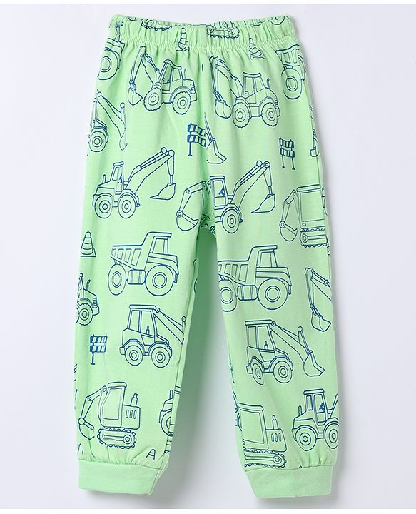 Babyhug 100% Cotton Knit Full Sleeves Co-Ords T-Shirt & Pyjama Night Suit with Construction Vehicle Print - Sea Green