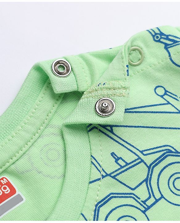 Babyhug 100% Cotton Knit Full Sleeves Co-Ords T-Shirt & Pyjama Night Suit with Construction Vehicle Print - Sea Green