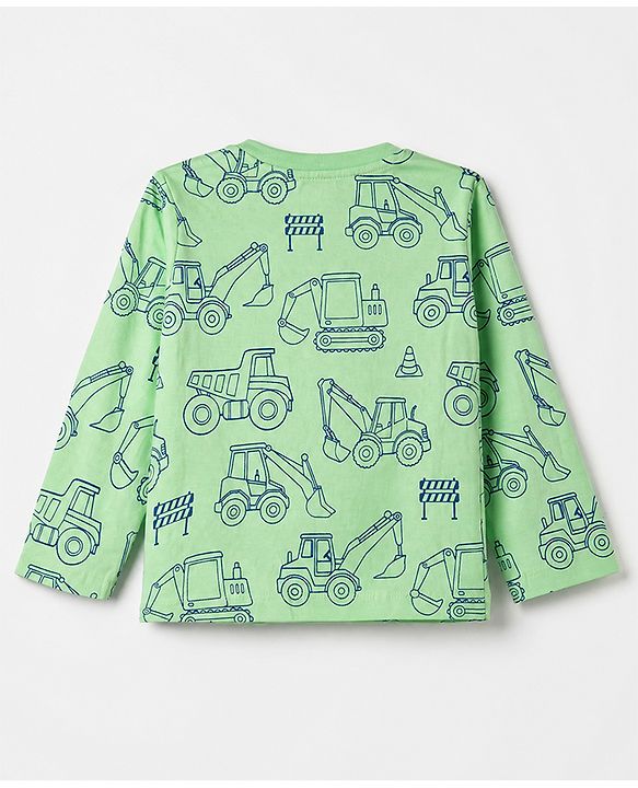 Babyhug 100% Cotton Knit Full Sleeves Co-Ords T-Shirt & Pyjama Night Suit with Construction Vehicle Print - Sea Green
