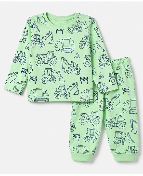 Babyhug 100% Cotton Knit Full Sleeves Co-Ords T-Shirt & Pyjama Night Suit with Construction Vehicle Print - Sea Green