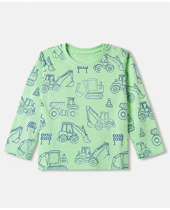 Babyhug 100% Cotton Knit Full Sleeves Co-Ords T-Shirt & Pyjama Night Suit with Construction Vehicle Print - Sea Green