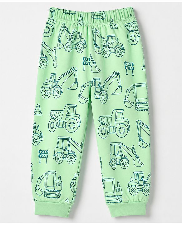 Babyhug 100% Cotton Knit Full Sleeves Co-Ords T-Shirt & Pyjama Night Suit with Construction Vehicle Print - Sea Green
