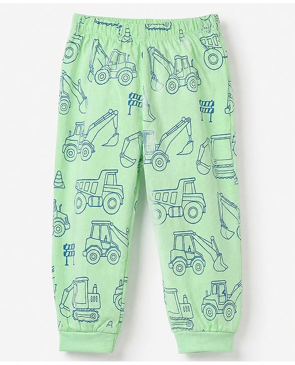 Babyhug 100% Cotton Knit Full Sleeves Co-Ords T-Shirt & Pyjama Night Suit with Construction Vehicle Print - Sea Green