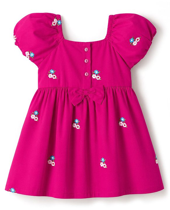 Babyhug Cotton Woven Dress with Half Sleeves and Floral Embroidery - Fuchsia