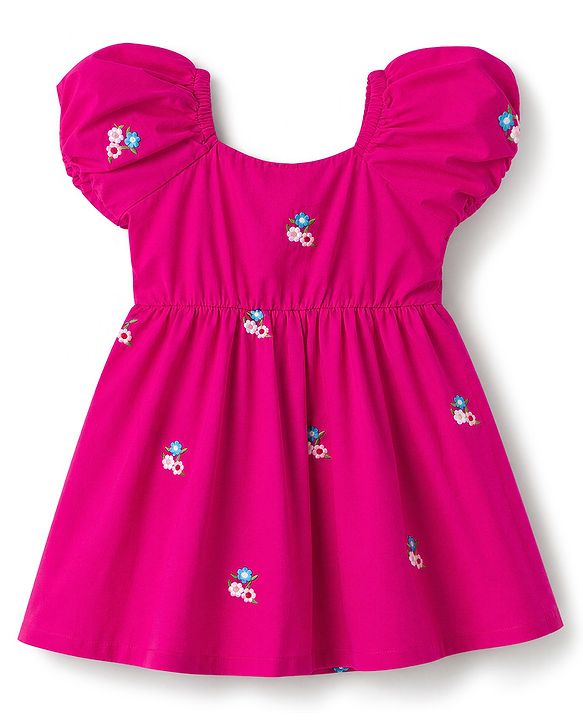 Babyhug Cotton Woven Dress with Half Sleeves and Floral Embroidery - Fuchsia