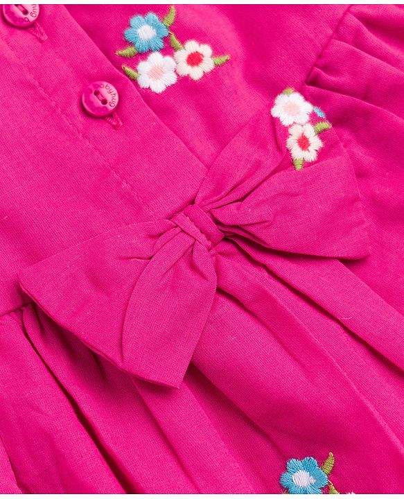 Babyhug Cotton Woven Dress with Half Sleeves and Floral Embroidery - Fuchsia