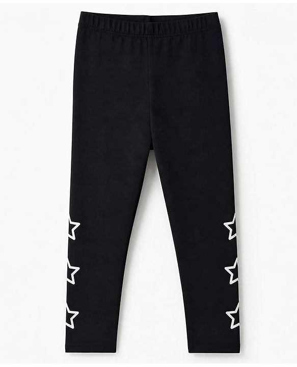 Pine Kids Cotton Lycra Knit Full Length Star Printed Leggings- Black