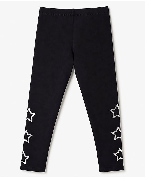 Pine Kids Cotton Lycra Knit Full Length Star Printed Leggings- Black