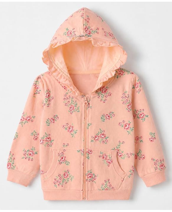 Babyhug 100% Cotton Terry Knit Sweatshirt with Full Sleeves and Floral Print in Peach