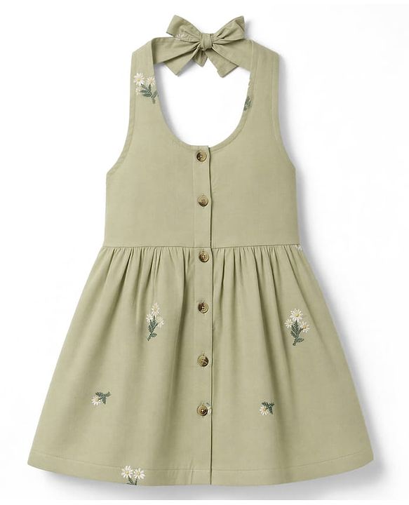 Babyhug 100% Cotton Woven One Piece Dress with Sleeveless and Floral Embroidery in Green for 9-12 Months