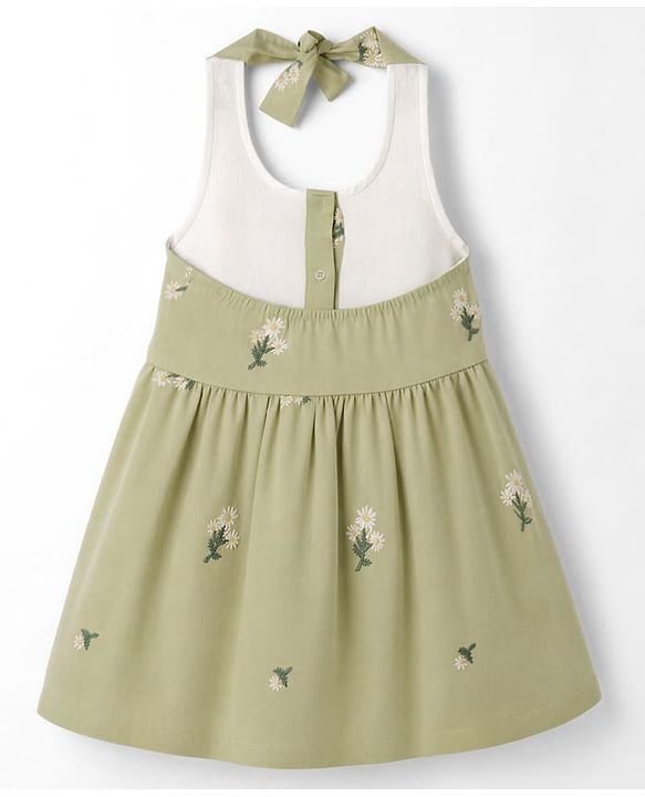 Babyhug 100% Cotton Woven One Piece Dress with Sleeveless and Floral Embroidery in Green for 9-12 Months