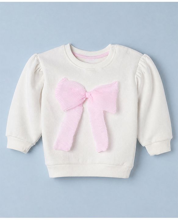 Babyhug Heavy Gauge Warm Cotton Fleece Knit Sweatshirt with Full Sleeves & Bow Applique - White