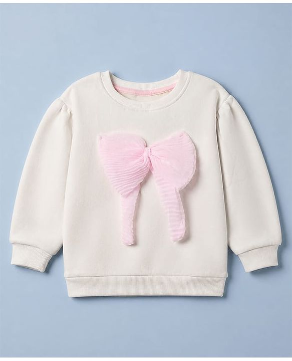 Babyhug Heavy Gauge Warm Cotton Fleece Knit Sweatshirt with Full Sleeves & Bow Applique - White