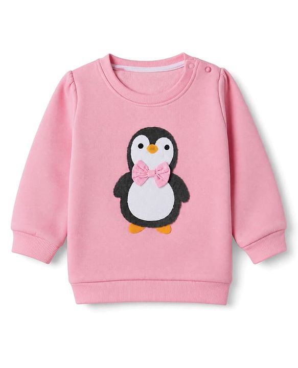 Babyhug Heavy Gauge Fleece Knit Full Sleeves Sweatshirt With Penguin Print - Baby Pink