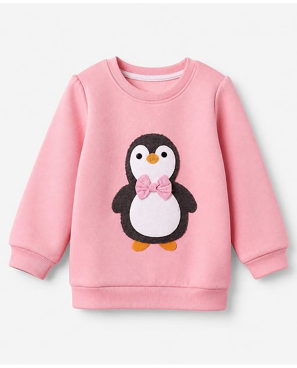 Babyhug Heavy Gauge Fleece Knit Full Sleeves Sweatshirt With Penguin Print - Baby Pink