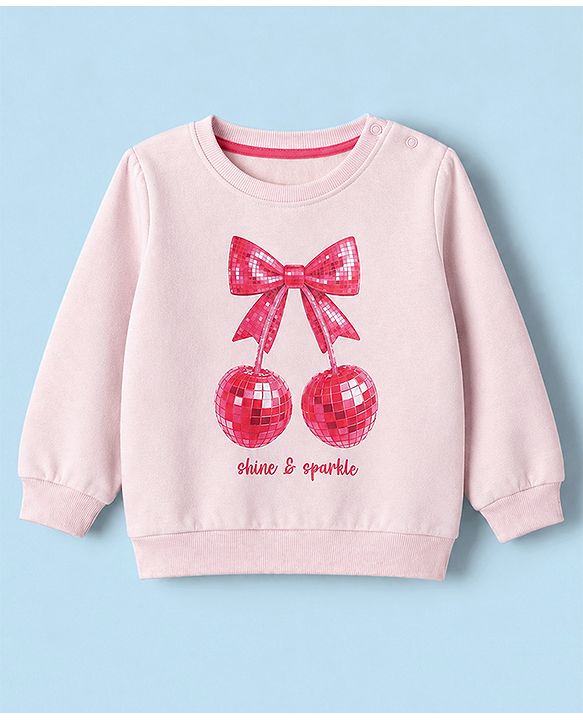 Babyhug Fleece Knit Sweatshirt with Full Sleeves and Disco Cherry Print - Baby Pink