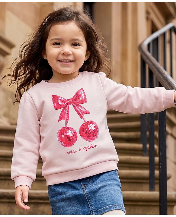 Babyhug Fleece Knit Sweatshirt with Full Sleeves and Disco Cherry Print - Baby Pink