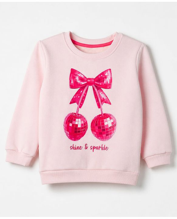Babyhug Fleece Knit Sweatshirt with Full Sleeves and Disco Cherry Print - Baby Pink