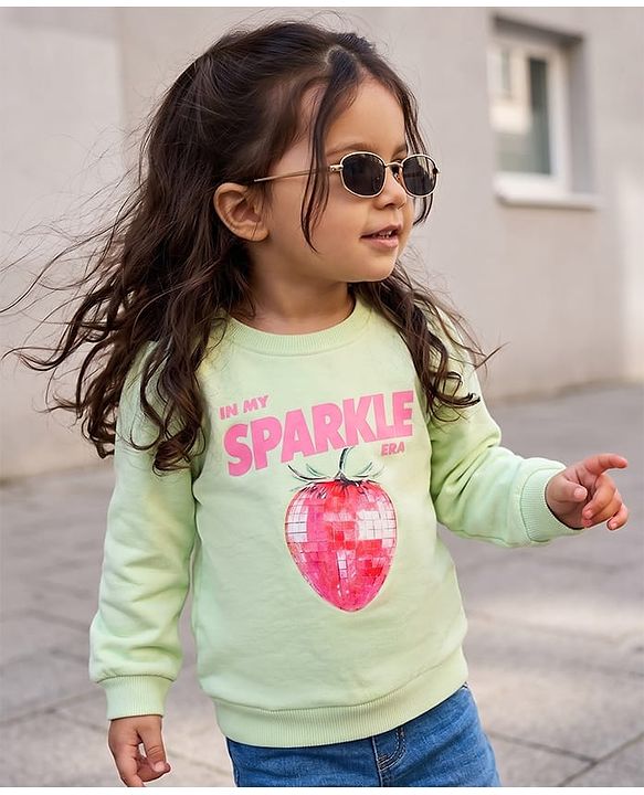 Babyhug Fleece Knit Full Sleeves Sweatshirt with Strawberry & Text Print - Light Green