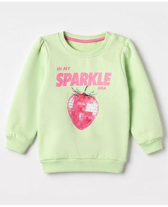 Babyhug Fleece Knit Full Sleeves Sweatshirt with Strawberry & Text Print - Light Green