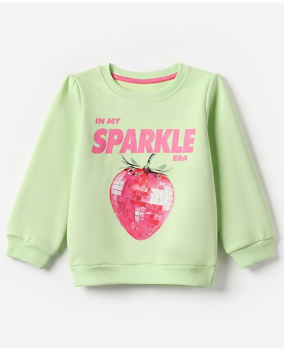 Babyhug Fleece Knit Full Sleeves Sweatshirt with Strawberry & Text Print - Light Green
