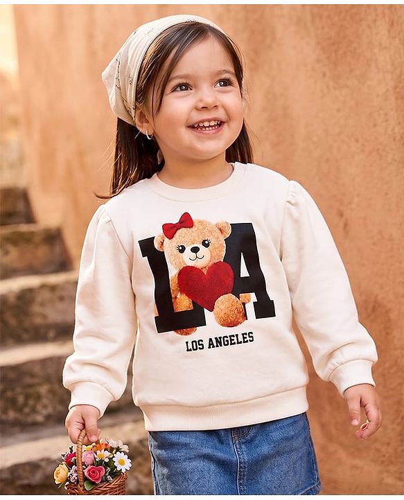 Babyhug Heavy Gauge Terry Knit Full Sleeves Sweatshirt with Teddy Bear & Text Print - White