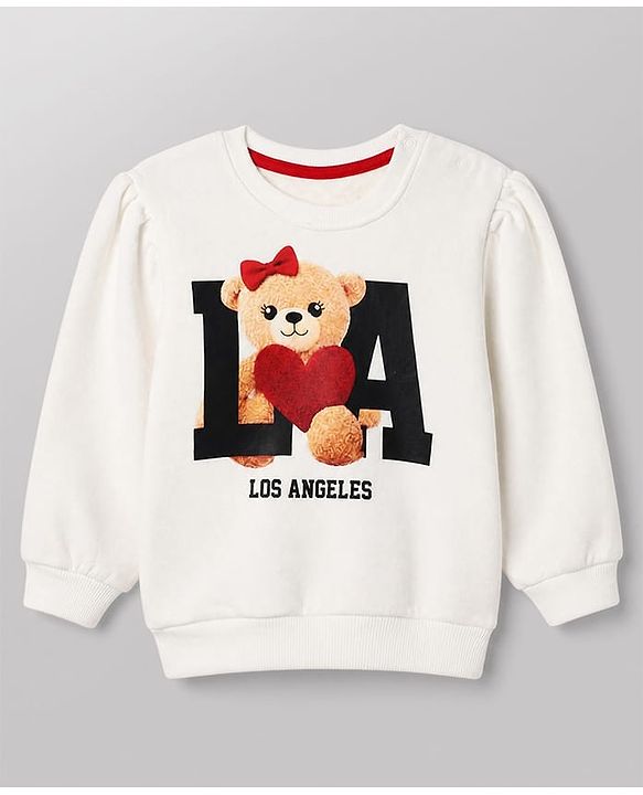 Babyhug Heavy Gauge Terry Knit Full Sleeves Sweatshirt with Teddy Bear & Text Print - White