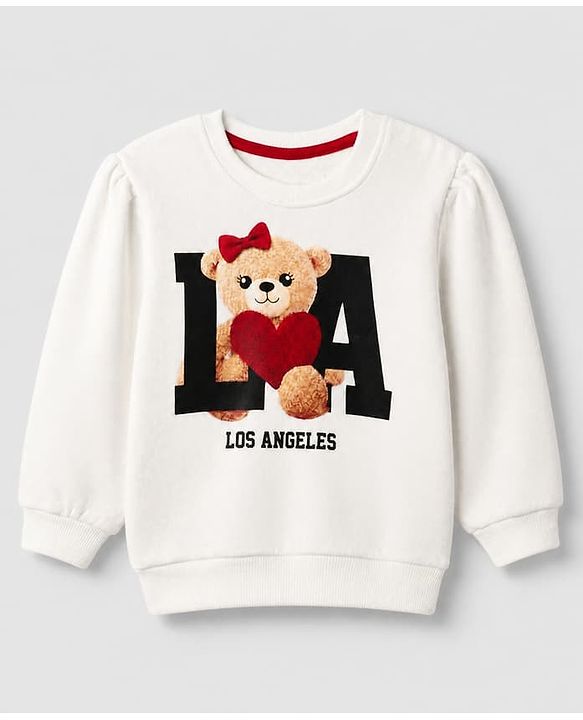 Babyhug Heavy Gauge Terry Knit Full Sleeves Sweatshirt with Teddy Bear & Text Print - White