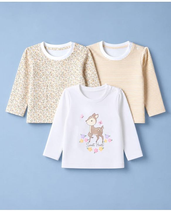 Babyhug 100% Cotton Interlock Knit Full Sleeves T-Shirts with Stripes Floral & Deer Print Pack of 3 - White & Cream
