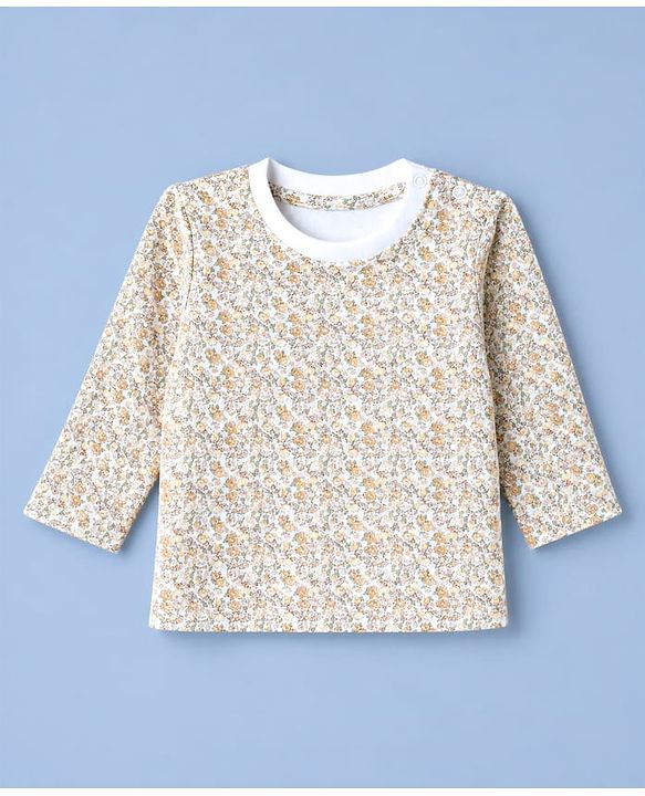 Babyhug 100% Cotton Interlock Knit Full Sleeves T-Shirts with Stripes Floral & Deer Print Pack of 3 - White & Cream