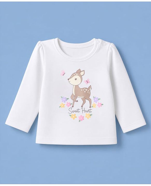 Babyhug 100% Cotton Interlock Knit Full Sleeves T-Shirts with Stripes Floral & Deer Print Pack of 3 - White & Cream