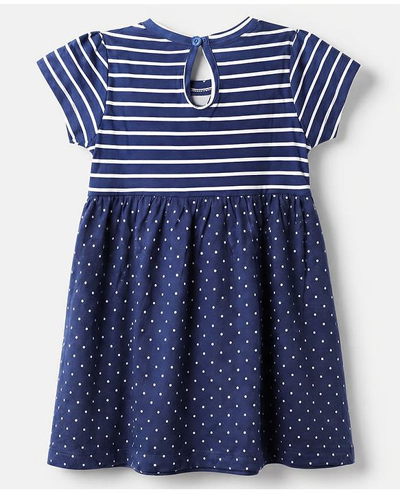 Babyhug Single Jersey Knit Frock and Bloomer with Half Sleeves and Polka Dots Print - Navy Blue