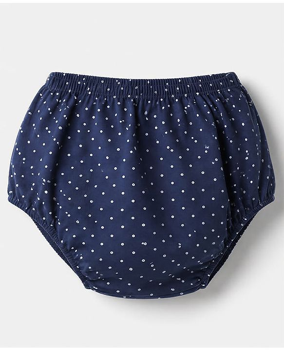 Babyhug Single Jersey Knit Frock and Bloomer with Half Sleeves and Polka Dots Print - Navy Blue