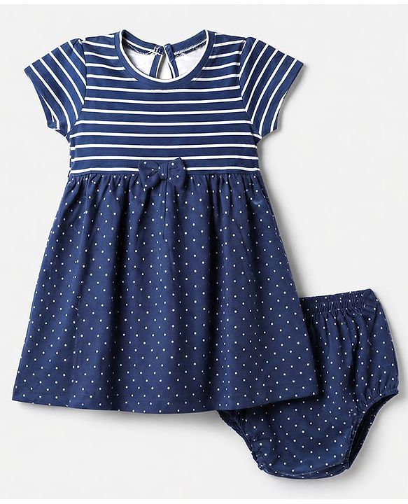 Babyhug Single Jersey Knit Frock and Bloomer with Half Sleeves and Polka Dots Print - Navy Blue