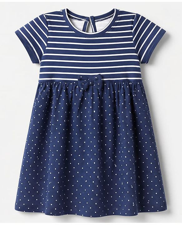 Babyhug Single Jersey Knit Frock and Bloomer with Half Sleeves and Polka Dots Print - Navy Blue