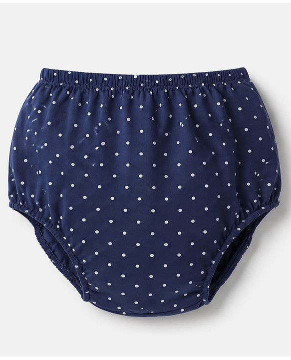 Babyhug Single Jersey Knit Frock and Bloomer with Half Sleeves and Polka Dots Print - Navy Blue
