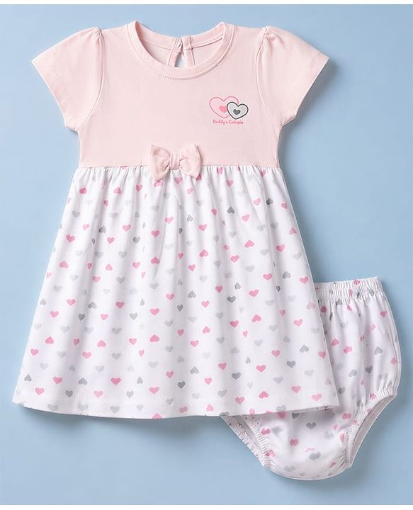 Babyhug Single Jersey Knit Half Sleeves Frock with Bloomer and Heart Print - White