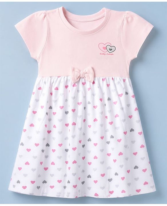 Babyhug Single Jersey Knit Half Sleeves Frock with Bloomer and Heart Print - White