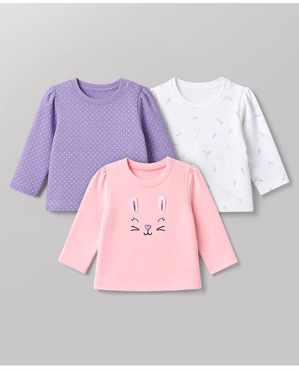 Babyhug 100% Cotton Knit Full Sleeves T-Shirts with Polka Dots, Floral & Animal Print - Purple White & Pink