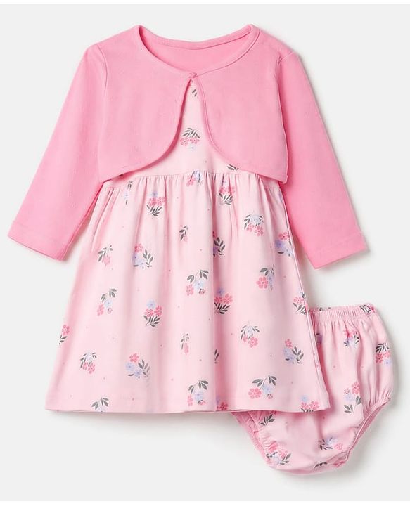 Babyhug Single Jersey Knit Full Sleeves Frock and Bloomer with Floral Print - Pink