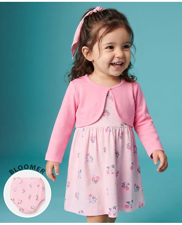 Babyhug Single Jersey Knit Full Sleeves Frock and Bloomer with Floral Print - Pink