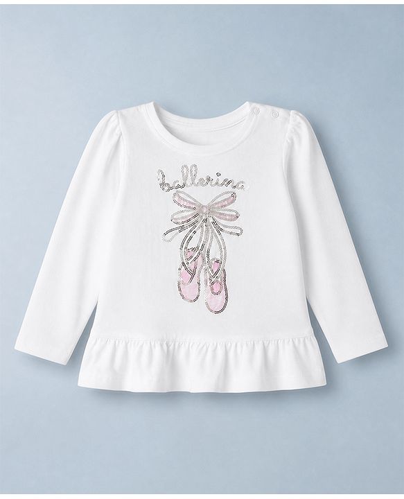 Babyhug 100% Cotton Knit T-Shirts with Full Sleeves and Frill Details with Ballerinas Sequins - White