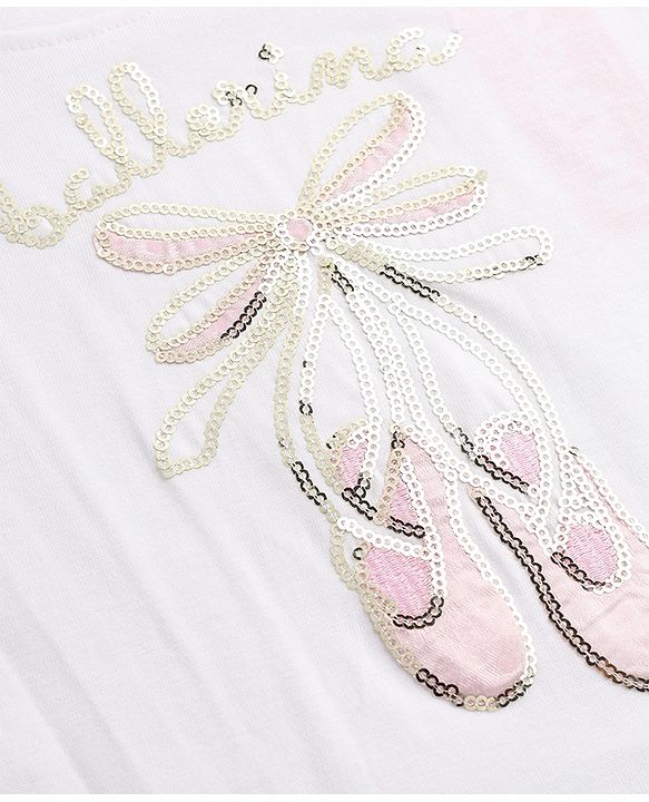 Babyhug 100% Cotton Knit T-Shirts with Full Sleeves and Frill Details with Ballerinas Sequins - White
