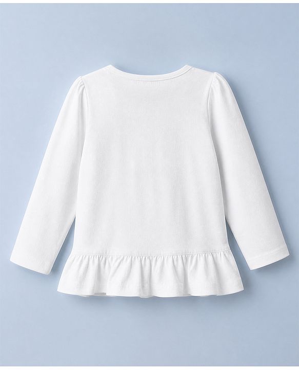Babyhug 100% Cotton Knit T-Shirts with Full Sleeves and Frill Details with Ballerinas Sequins - White