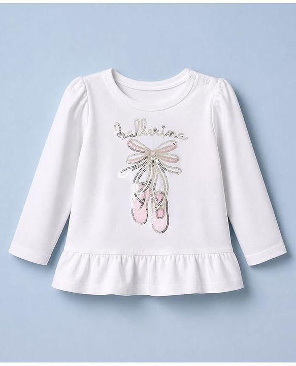 Babyhug 100% Cotton Knit T-Shirts with Full Sleeves and Frill Details with Ballerinas Sequins - White