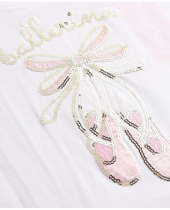 Babyhug 100% Cotton Knit T-Shirts with Full Sleeves and Frill Details with Ballerinas Sequins - White