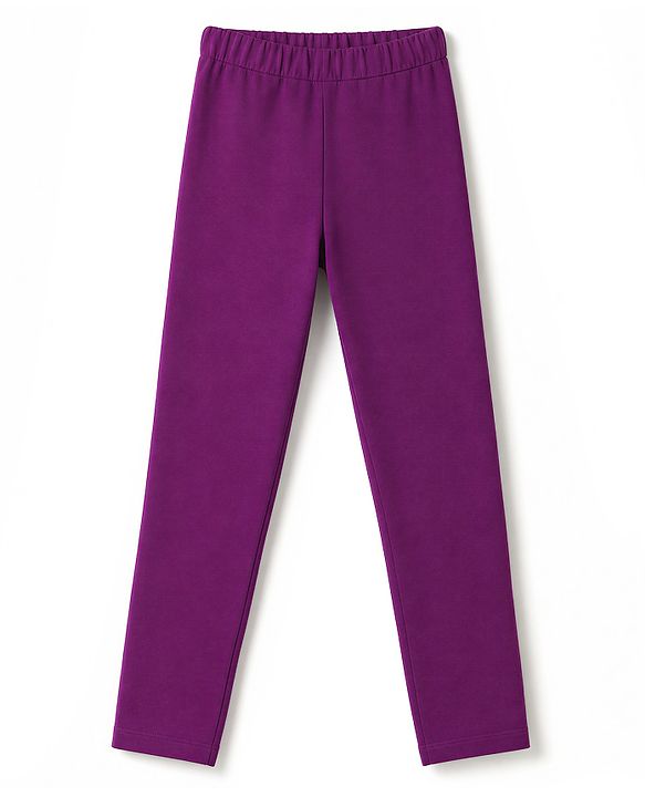Pine Kids Cotton Lycra Knit Full Length Solid Leggings - Purple