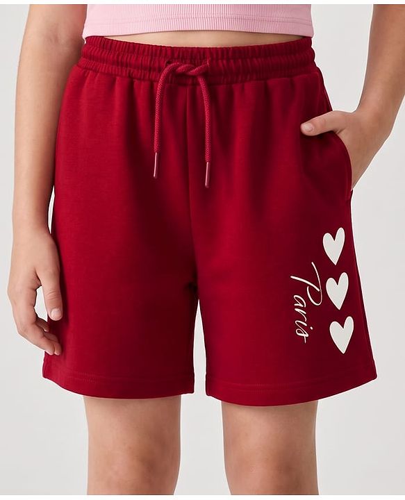 Pine Kids 100% Cotton Looper Knit Solid Short With Heart Print In Maroon