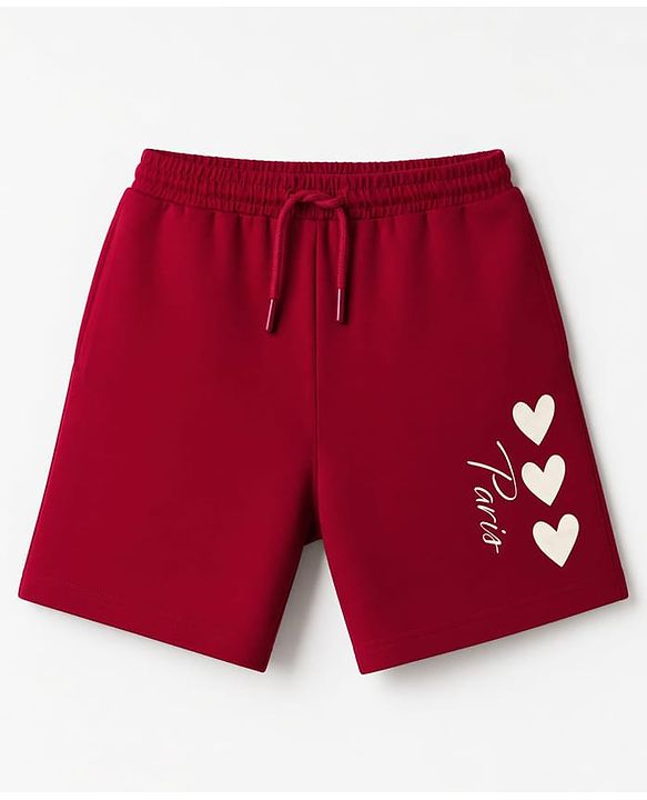 Pine Kids 100% Cotton Looper Knit Solid Short With Heart Print In Maroon